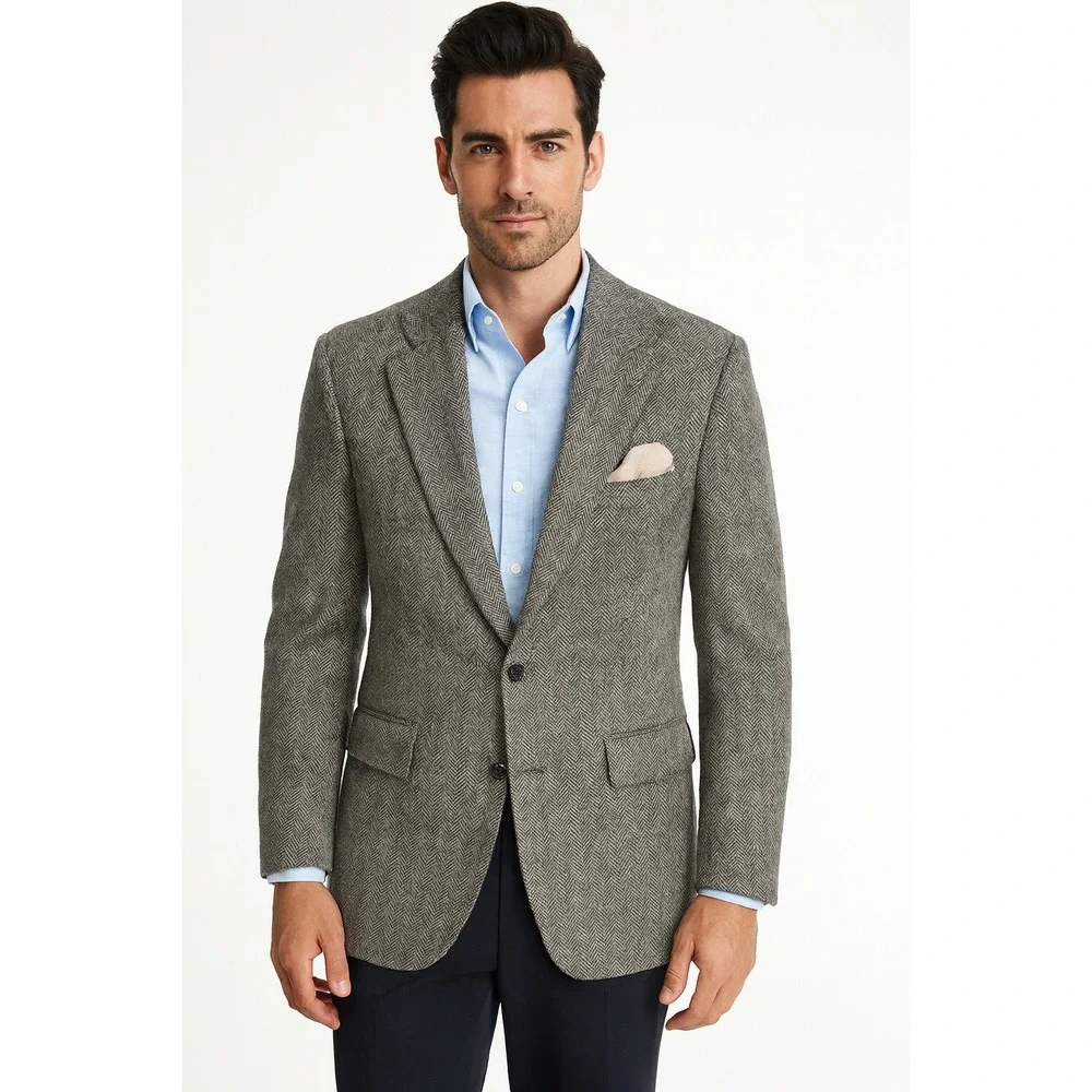 Savile Row Sport Coat Mens 42‎ Gray Herringbone Classic Wool Blazer Tweed Jacket